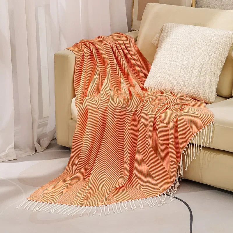 Nordic Striped Throw Blanket with Elegant Fringes - Soft Cotton for All Seasons