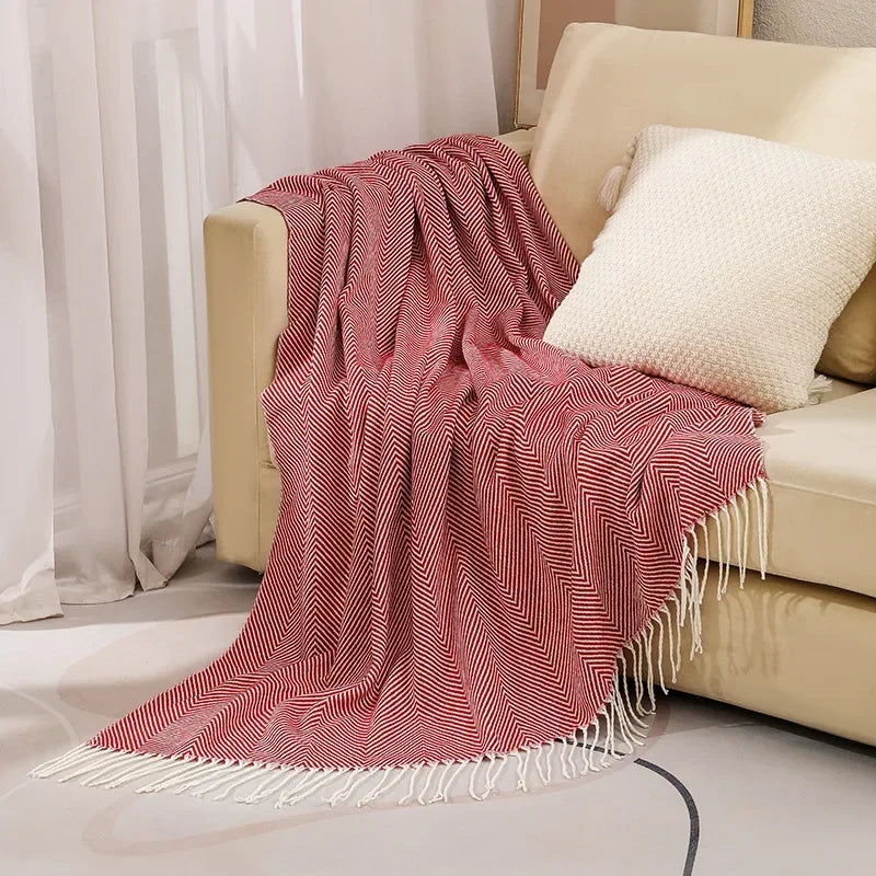 Nordic Striped Throw Blanket with Elegant Fringes - Soft Cotton for All Seasons