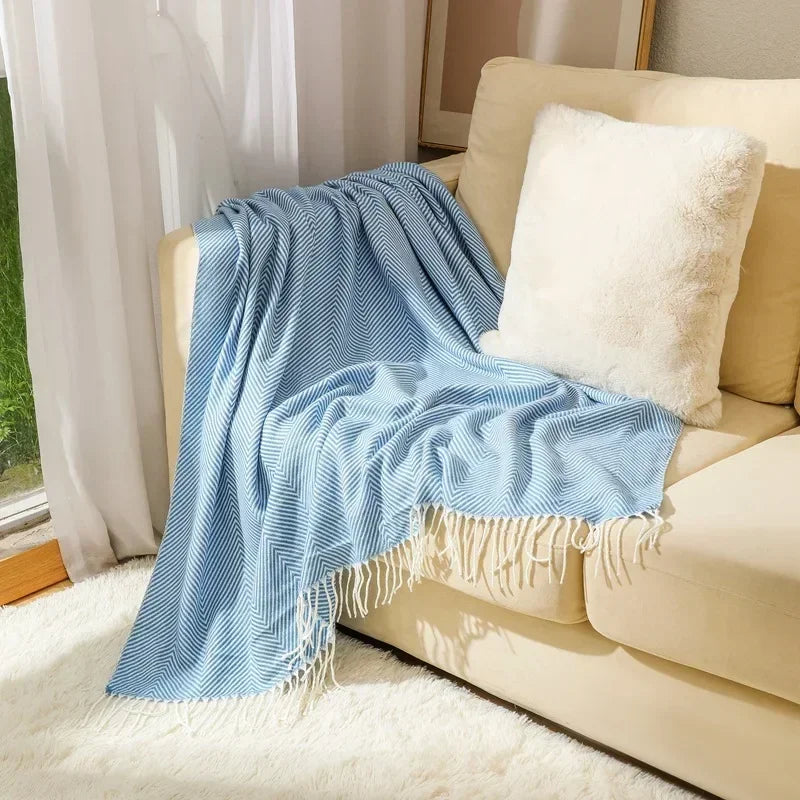 Nordic Striped Throw Blanket with Elegant Fringes - Soft Cotton for All Seasons