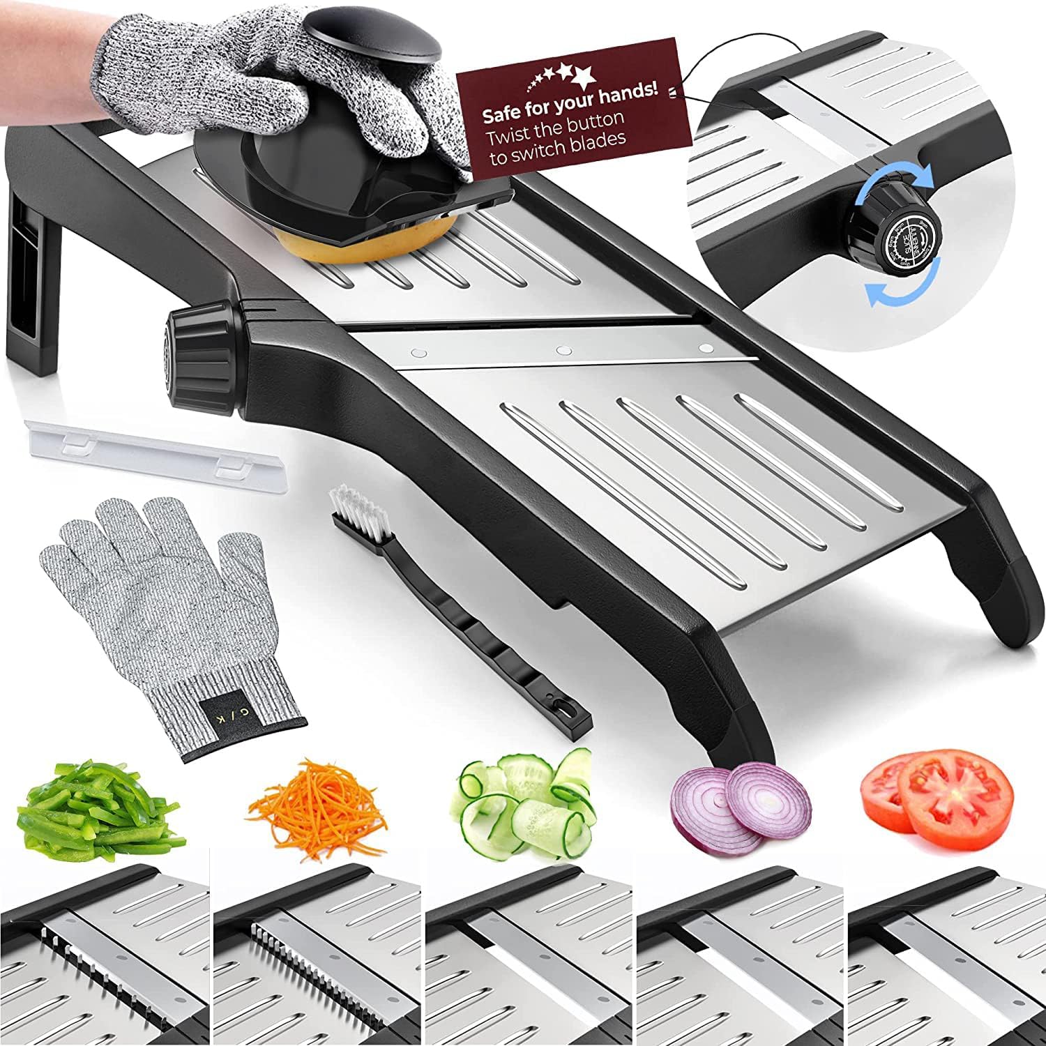 Vegetable Slicer with Stainless Steel Blade & Safety Gloves for Easy Meal Prep