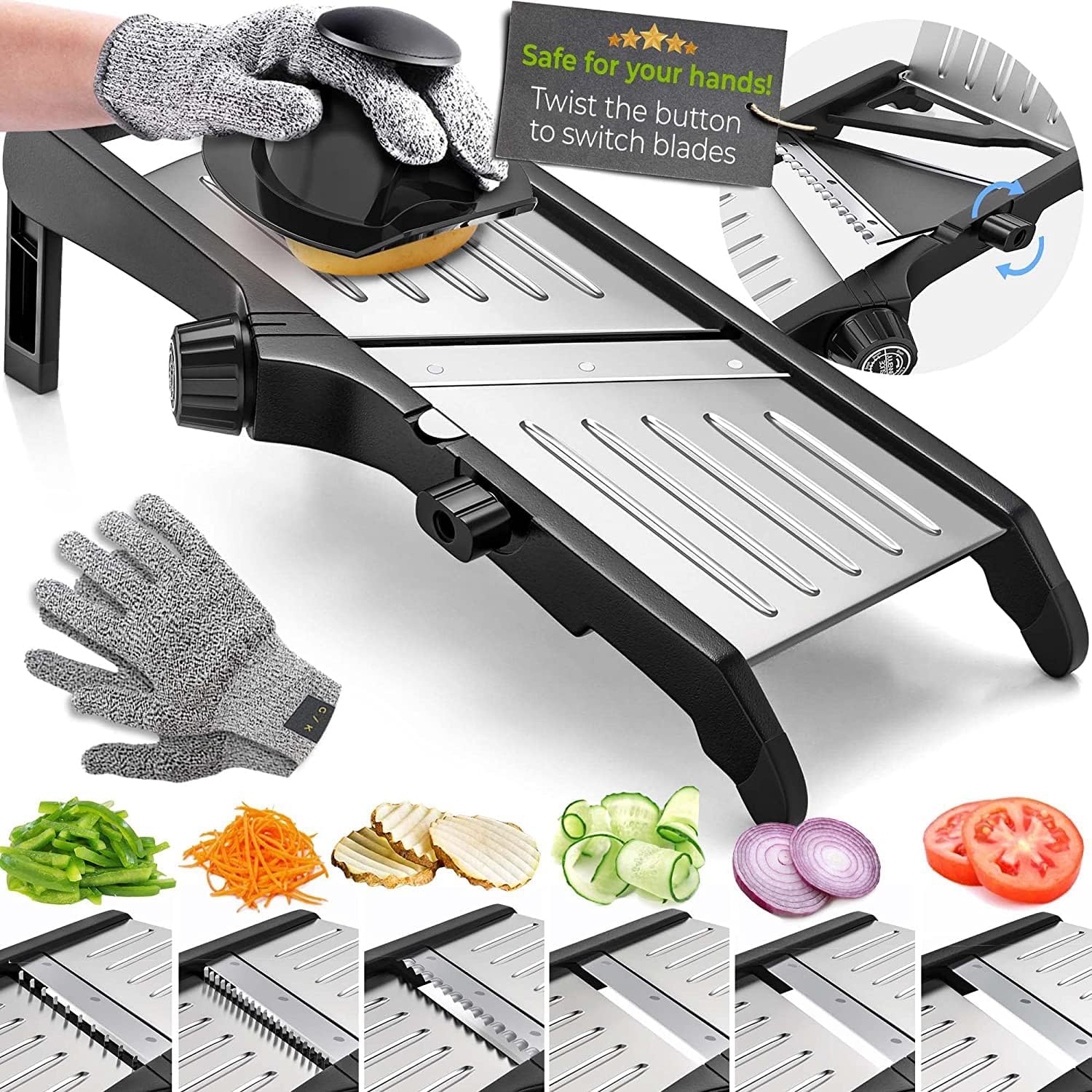 Vegetable Slicer with Stainless Steel Blade & Safety Gloves for Easy Meal Prep