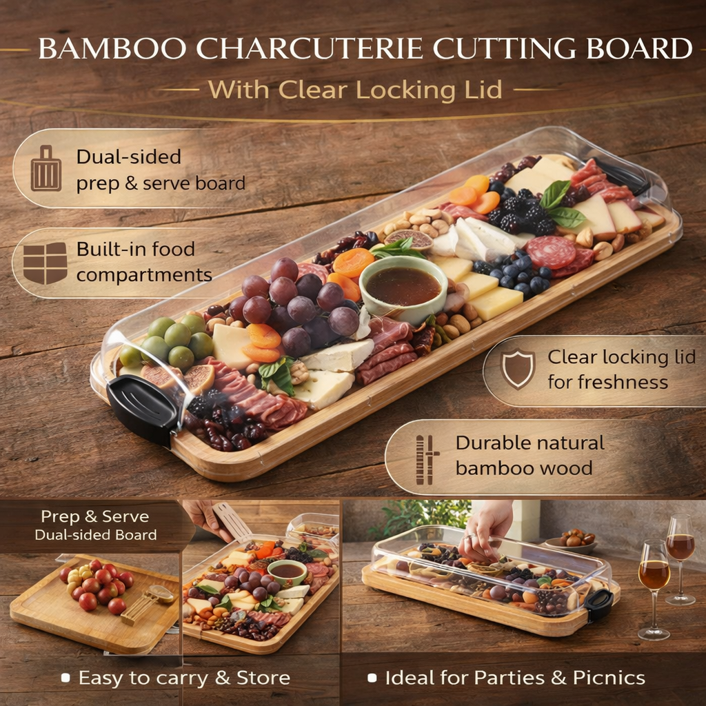 Versatile Bamboo Serving Board with Lockable Lid