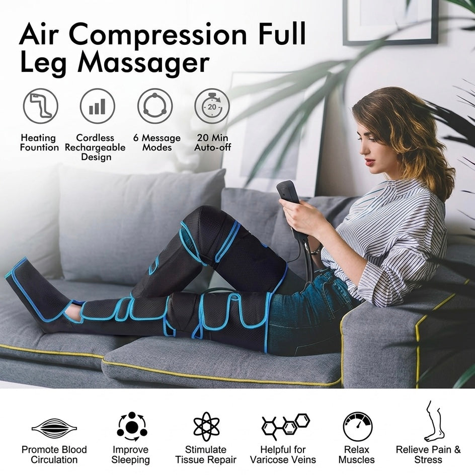 Cordless Full Leg Compression Massager with Knee Heat – 6 Modes