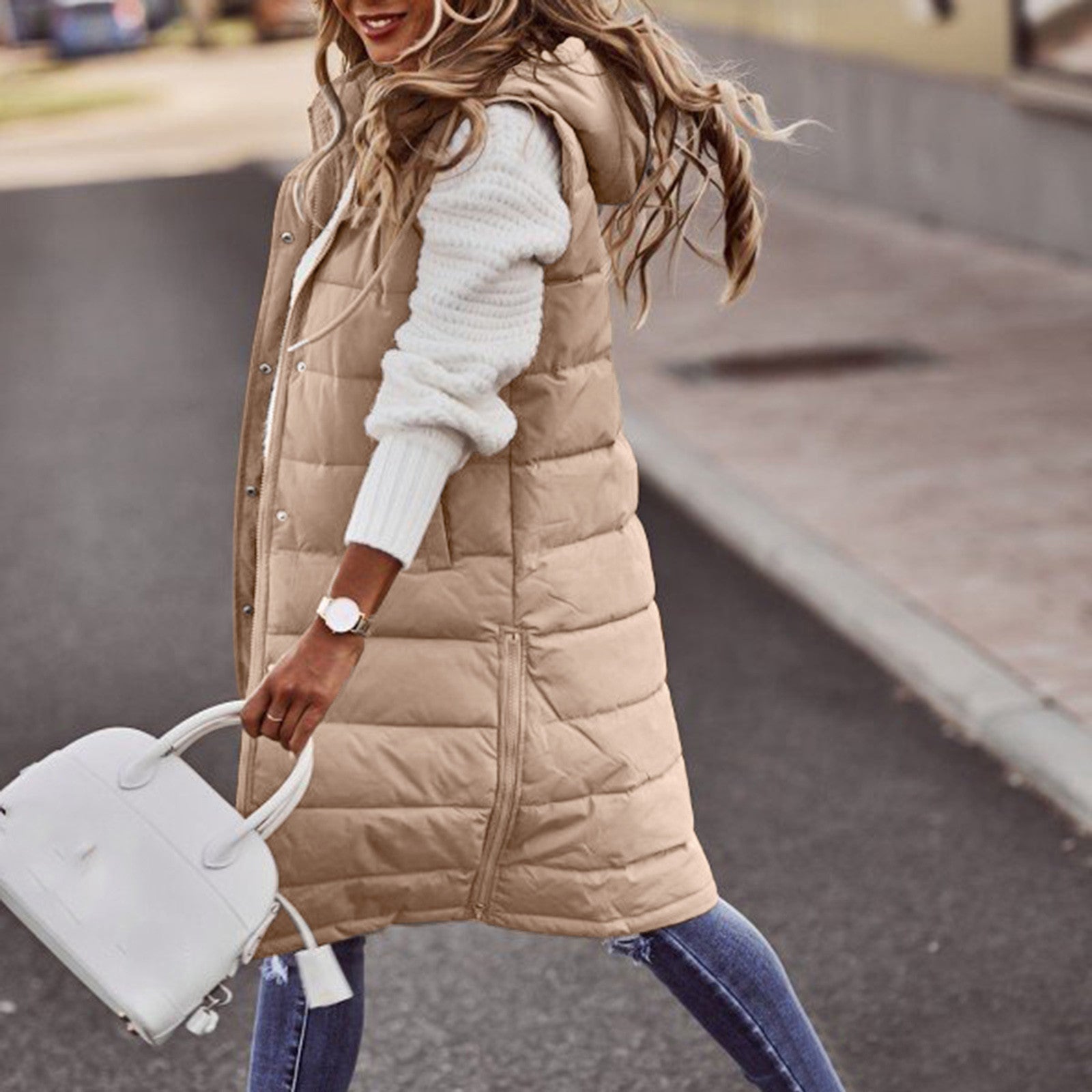 Women’s Sleeveless Vest | Long Quilted Hooded Design | Insulated with Pockets | Comfortable Warmth