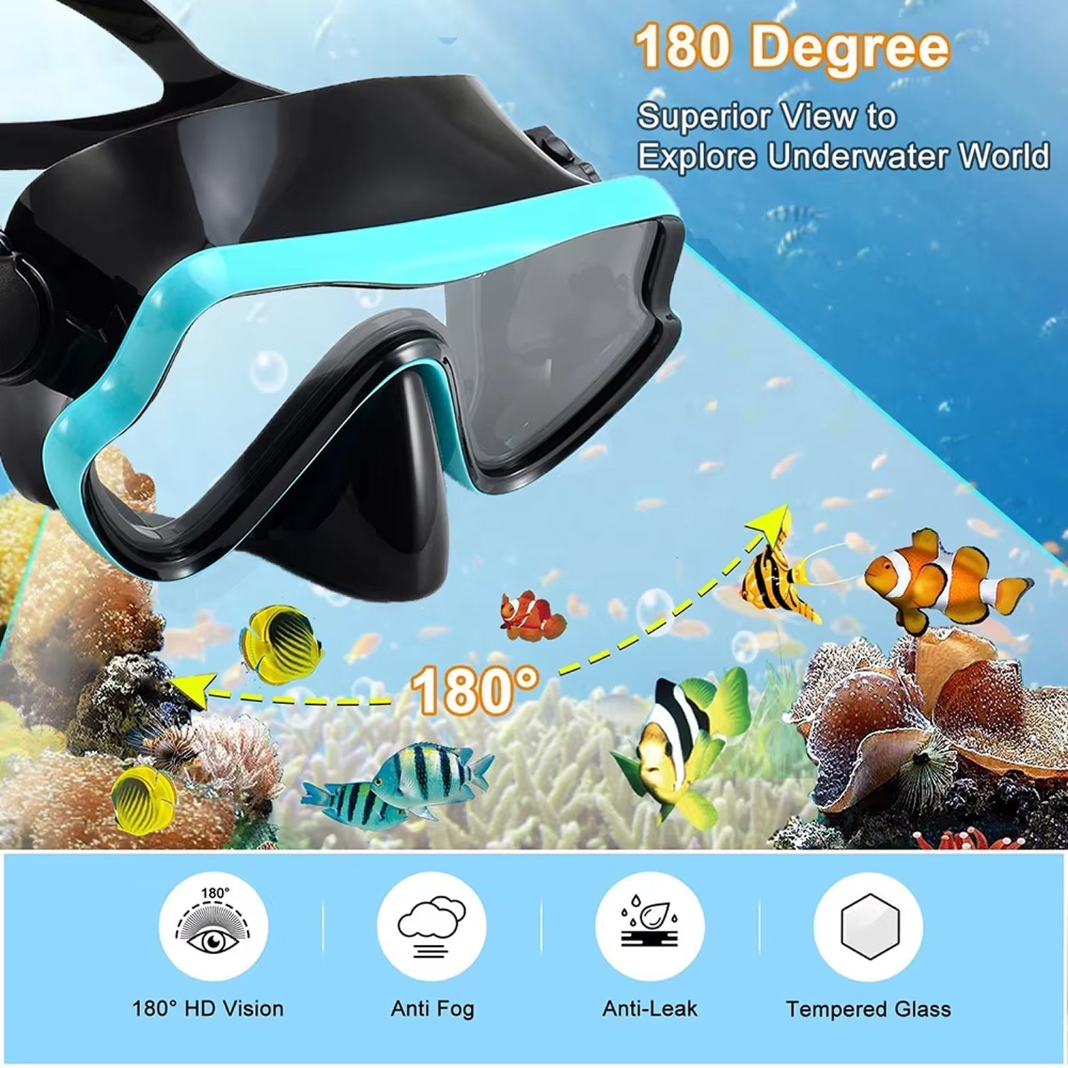 Panoramic Snorkeling Gear with Tempered Glass Mask, Adjustable Fins, Anti-Fog