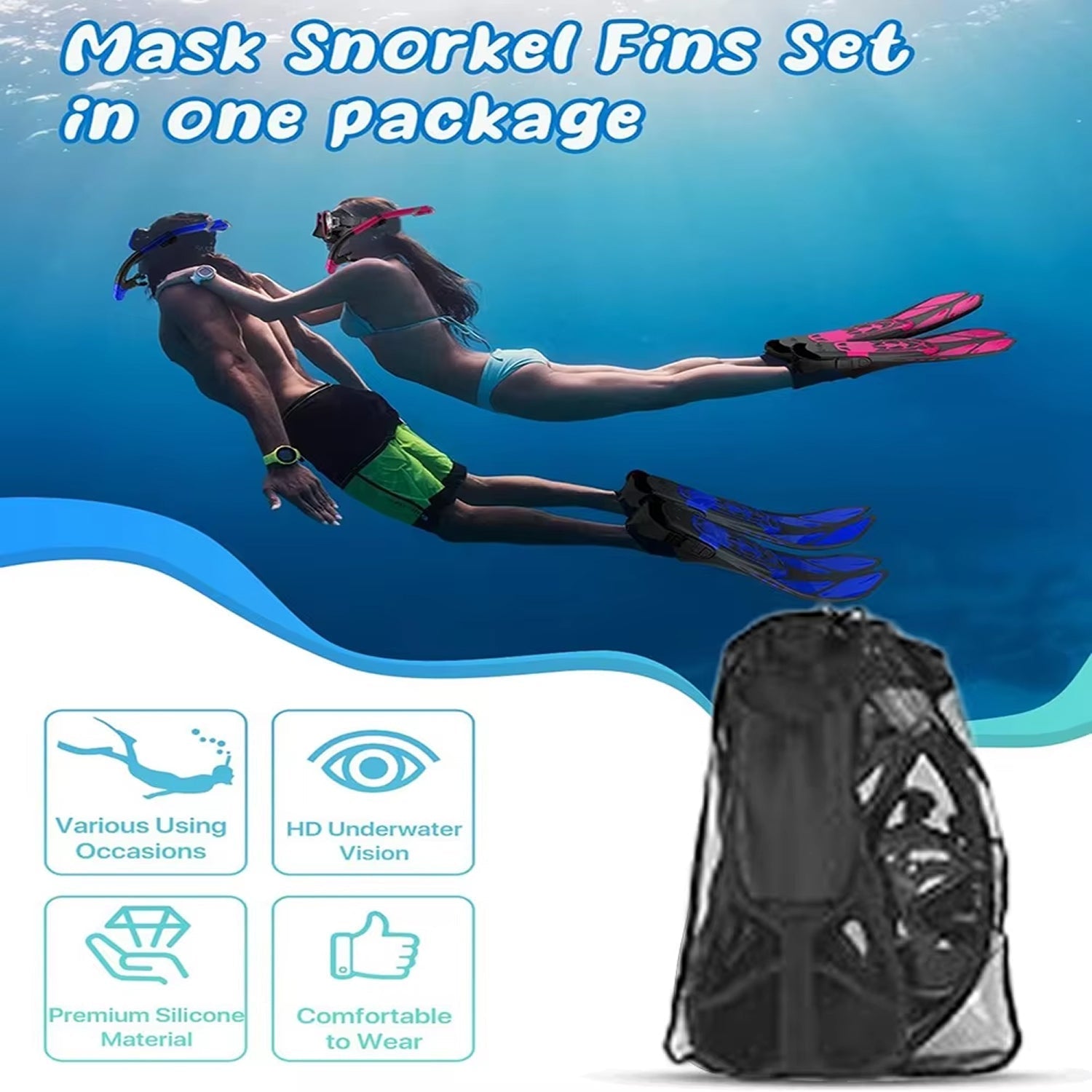 Panoramic Snorkeling Gear with Tempered Glass Mask, Adjustable Fins, Anti-Fog