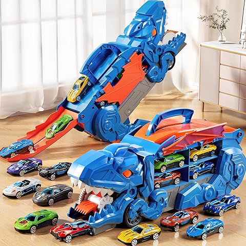 Folding Dinosaur Transport Car Set with 2 Die-Cast Cars for Fun Play