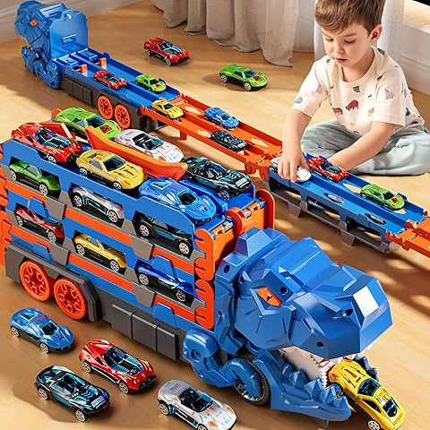 Folding Dinosaur Transport Car Set with 2 Die-Cast Cars for Fun Play