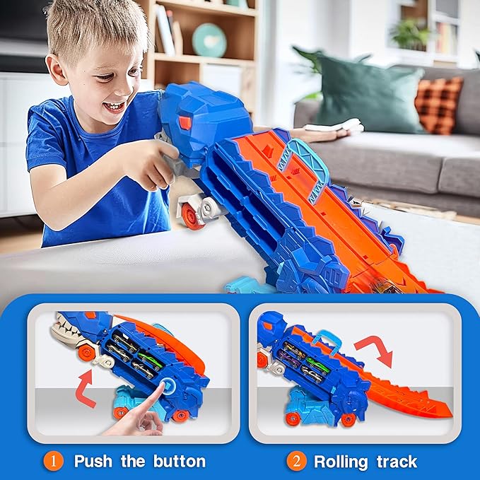 Folding Dinosaur Transport Car Set with 2 Die-Cast Cars for Fun Play