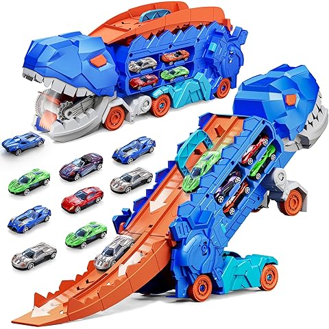 Folding Dinosaur Transport Car Set with 2 Die-Cast Cars for Fun Play