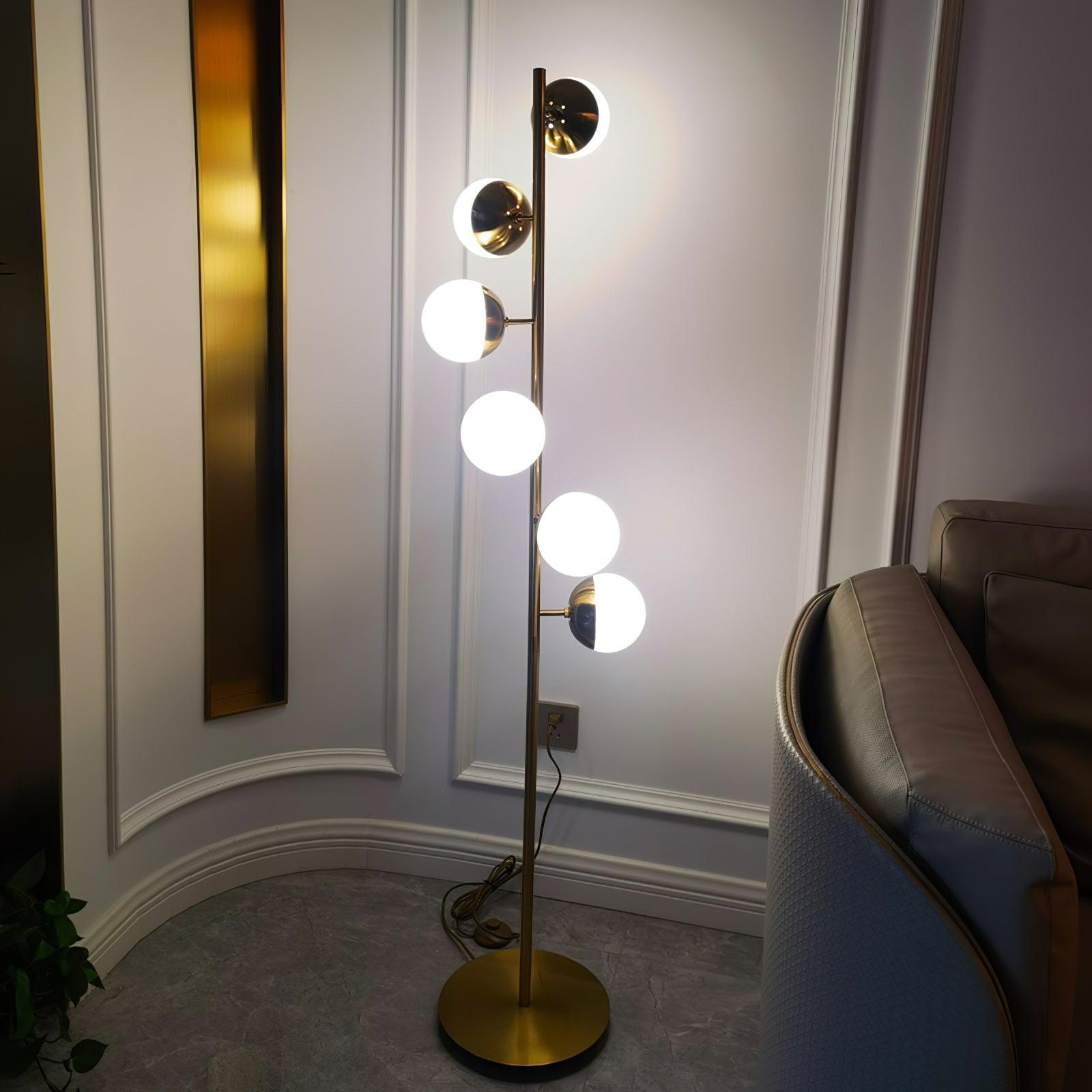 LuxeSphere LED Floor Lamp with Glass Accents on Gold Stand