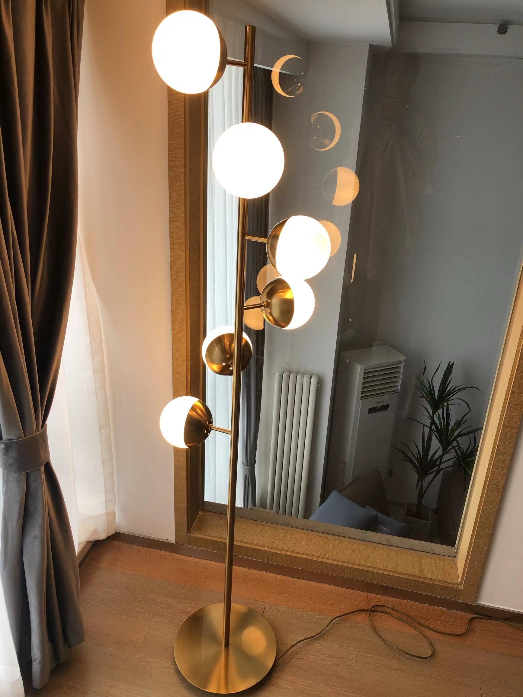 LuxeSphere LED Floor Lamp with Glass Accents on Gold Stand