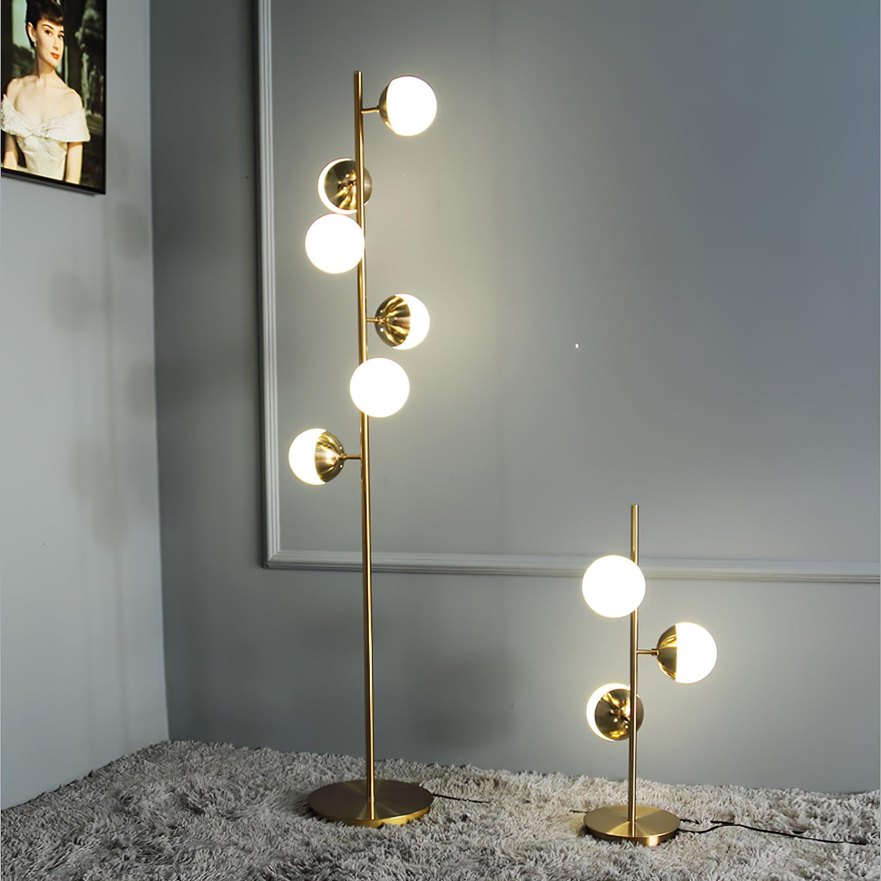 LuxeSphere LED Floor Lamp with Glass Accents on Gold Stand