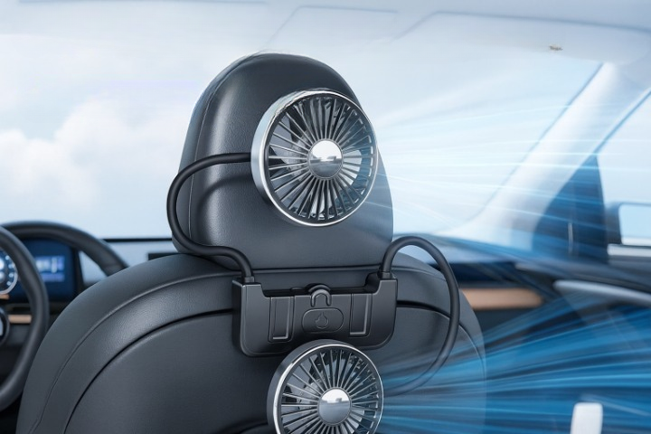 360° Rotating Dual Car Fan | USB-C Powered | Adjustable Airflow for Rear Seats