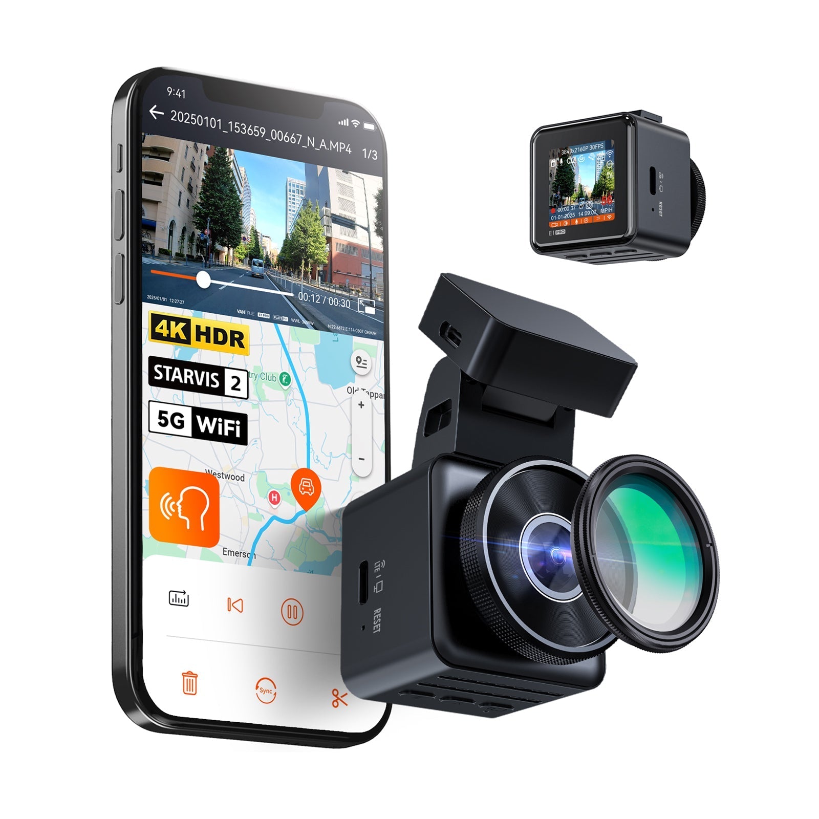 Compact 4K Car Camera with GPS, 5GHz WiFi, Night Vision, 24/7 Parking