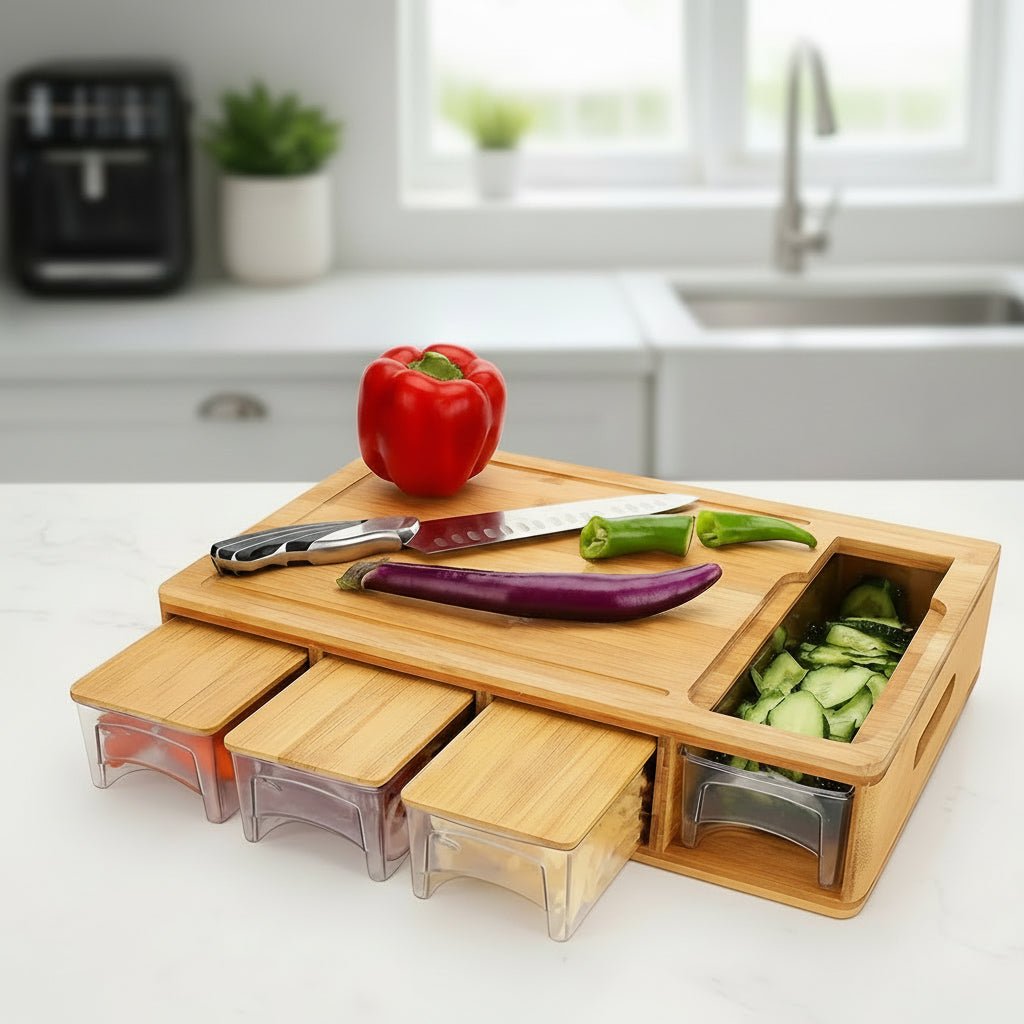 EcoWise Bamboo Cutting Board with Removable Blades and Storage Bowls