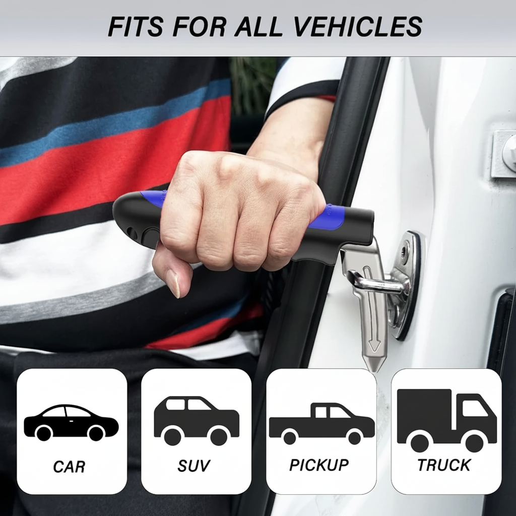 Automotive Safety Exit Tool with Glass Breaker and Grip Handle