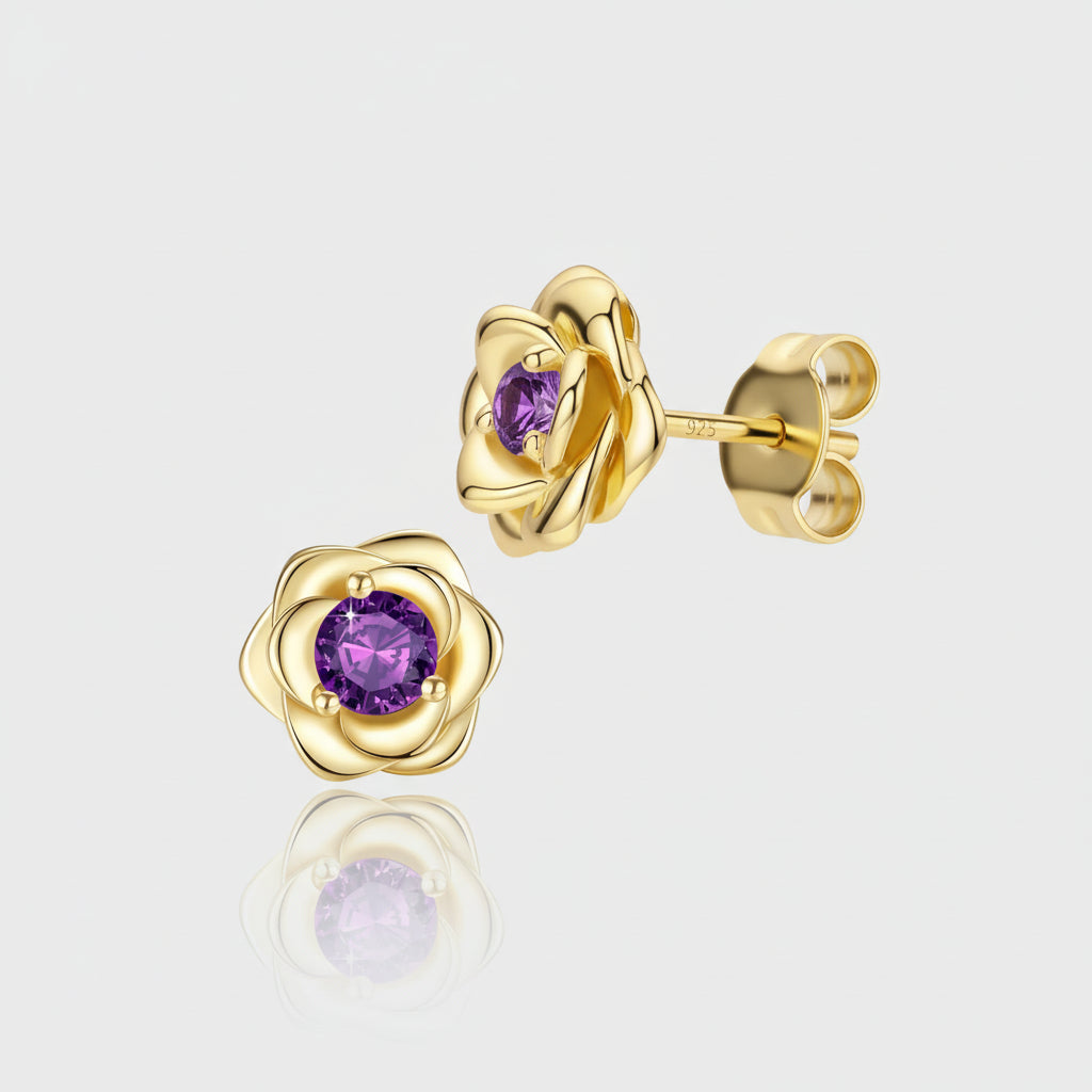 Elegant Floral Birthstone Gold Stud Earrings for Her