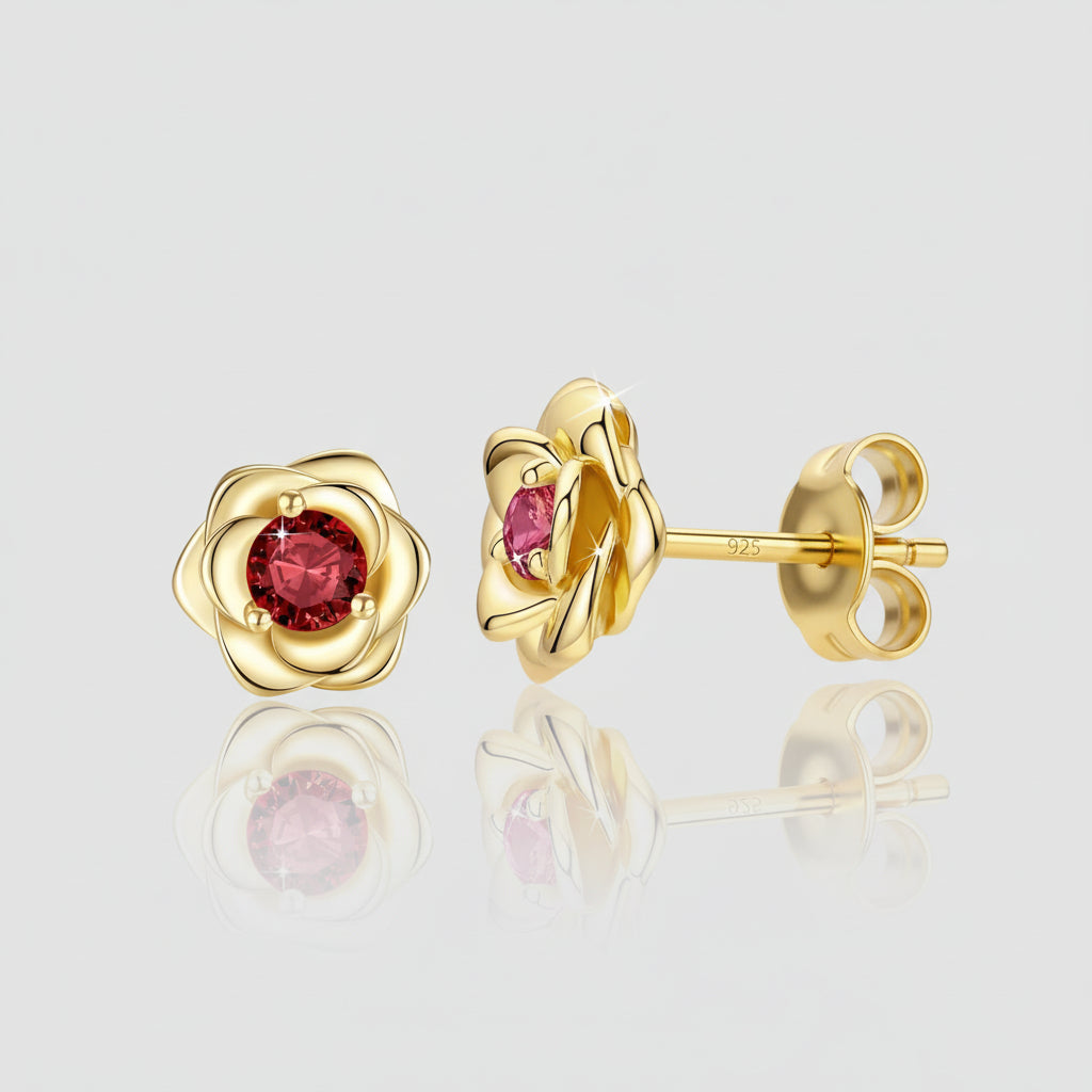 Elegant Floral Birthstone Gold Stud Earrings for Her