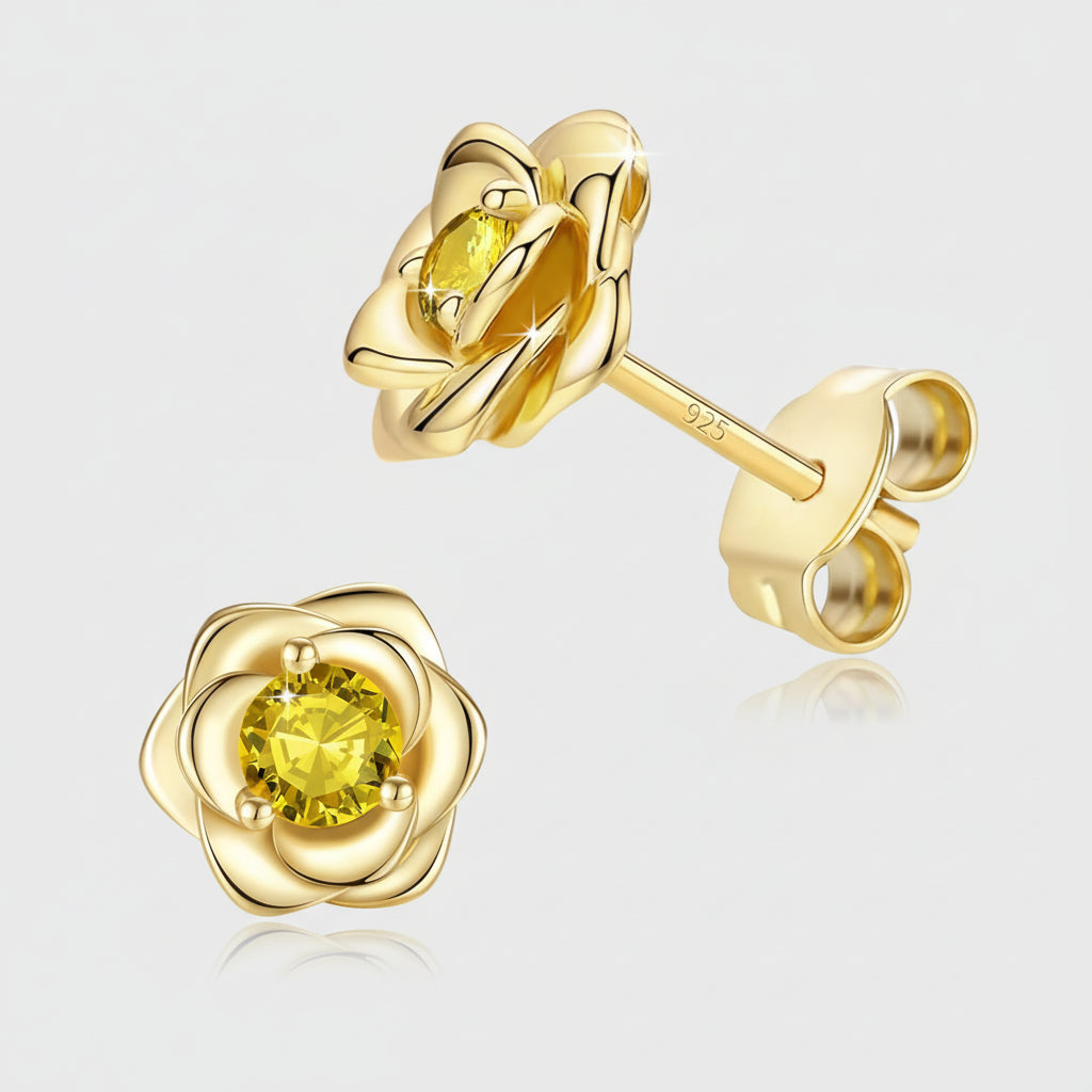 Elegant Floral Birthstone Gold Stud Earrings for Her