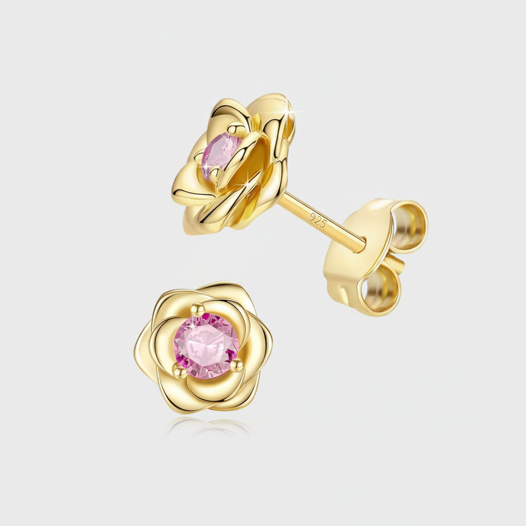 Elegant Floral Birthstone Gold Stud Earrings for Her