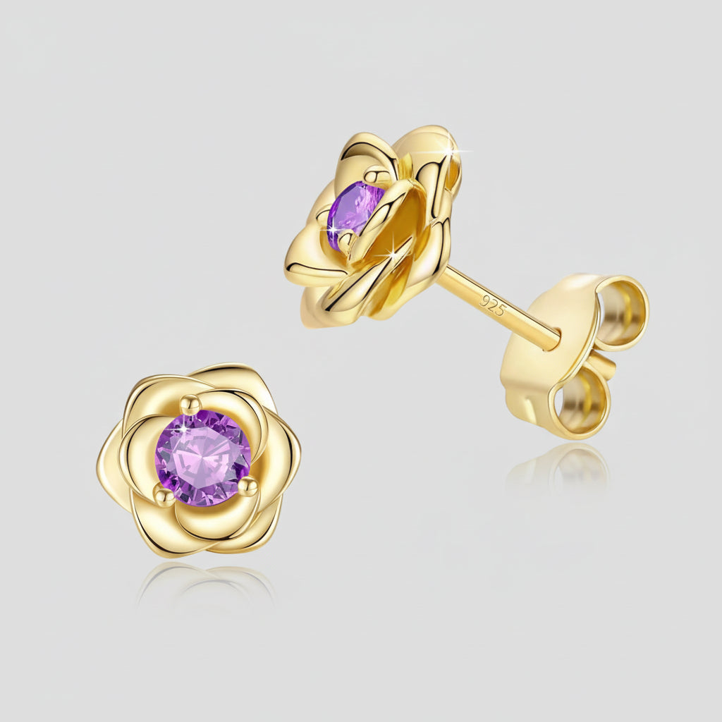 Elegant Floral Birthstone Gold Stud Earrings for Her
