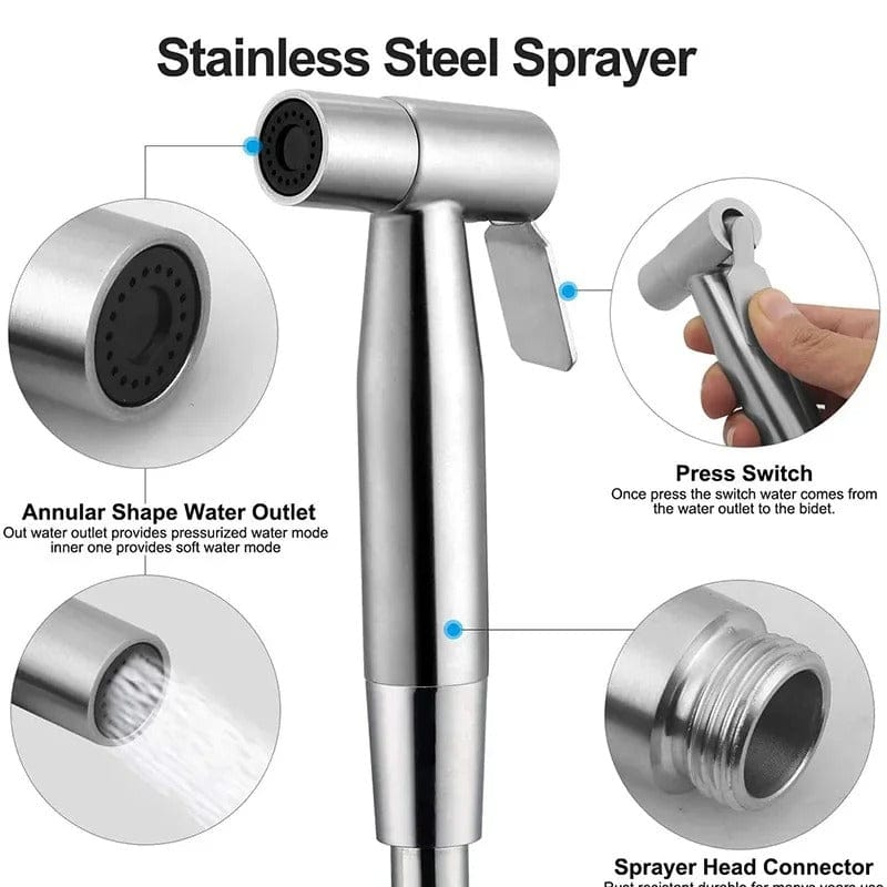 Handheld Bidet Sprayer in Stainless Steel – Adjustable Pressure with Self-Cleaning Nozzle, Easy No-Drill Setup