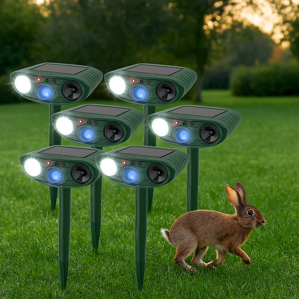 Solar-Powered Ultrasonic Rabbit Deterrent with Flashing Lights for Gardens