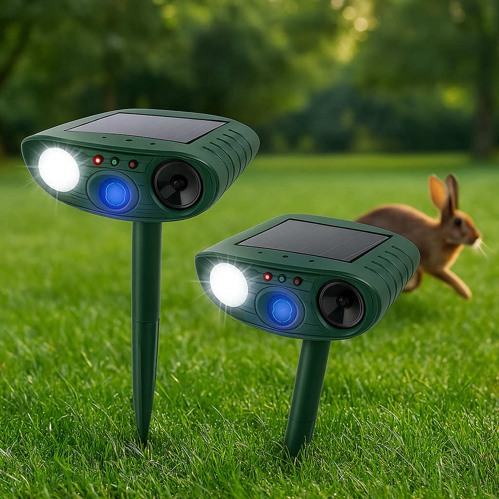 Solar-Powered Ultrasonic Rabbit Deterrent with Flashing Lights for Gardens