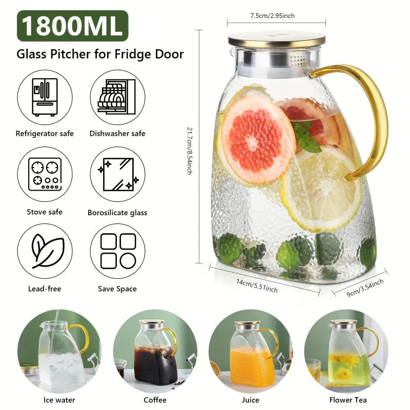 Borosilicate Glass Water Jug with Lid and Handle – Perfect for Iced Tea and Juices