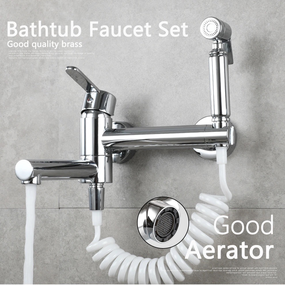 Brass Bathtub Faucet Set with Bidet Sprayer - Wall Mounted Design