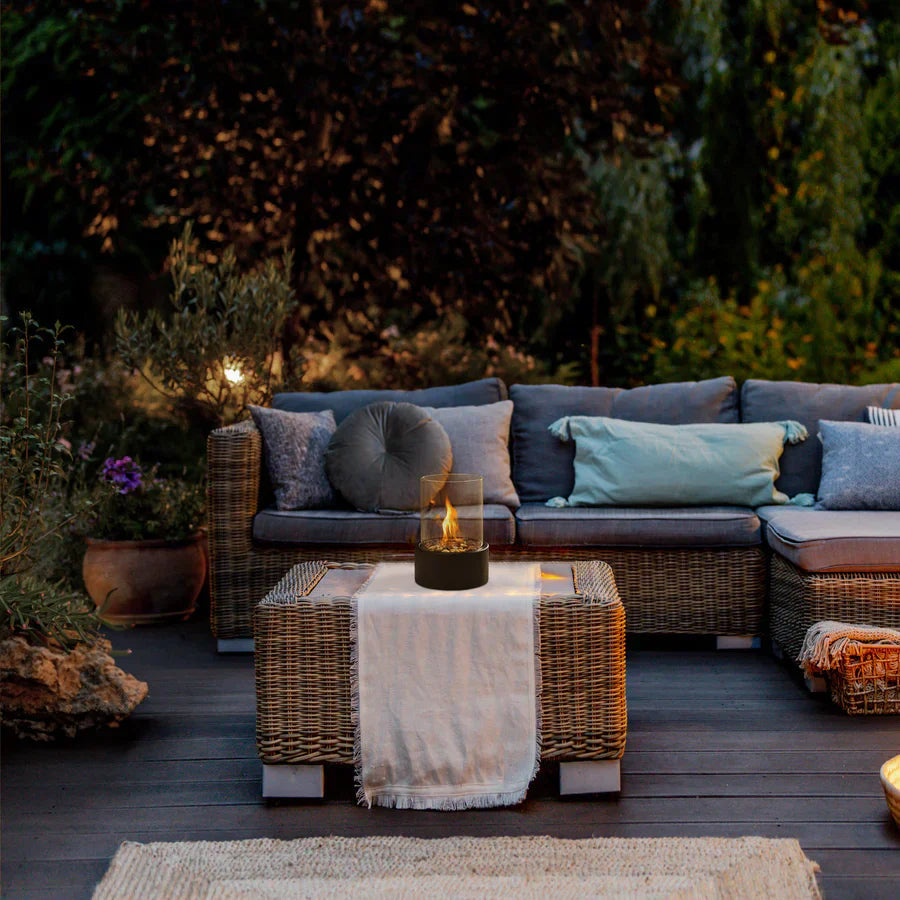 Portable Tabletop Fireplace with Cobblestone Base for Indoor and Outdoor Use