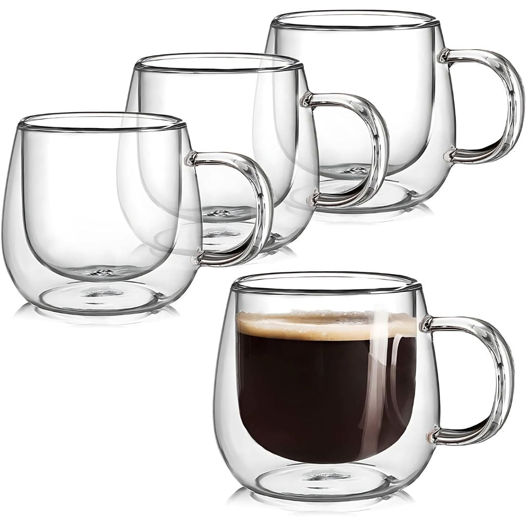 Borosilicate Double-Wall Coffee Mugs Set of 4 - 300ml, Dishwasher Safe