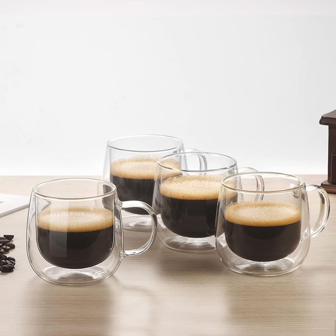Borosilicate Double-Wall Coffee Mugs Set of 4 - 300ml, Dishwasher Safe