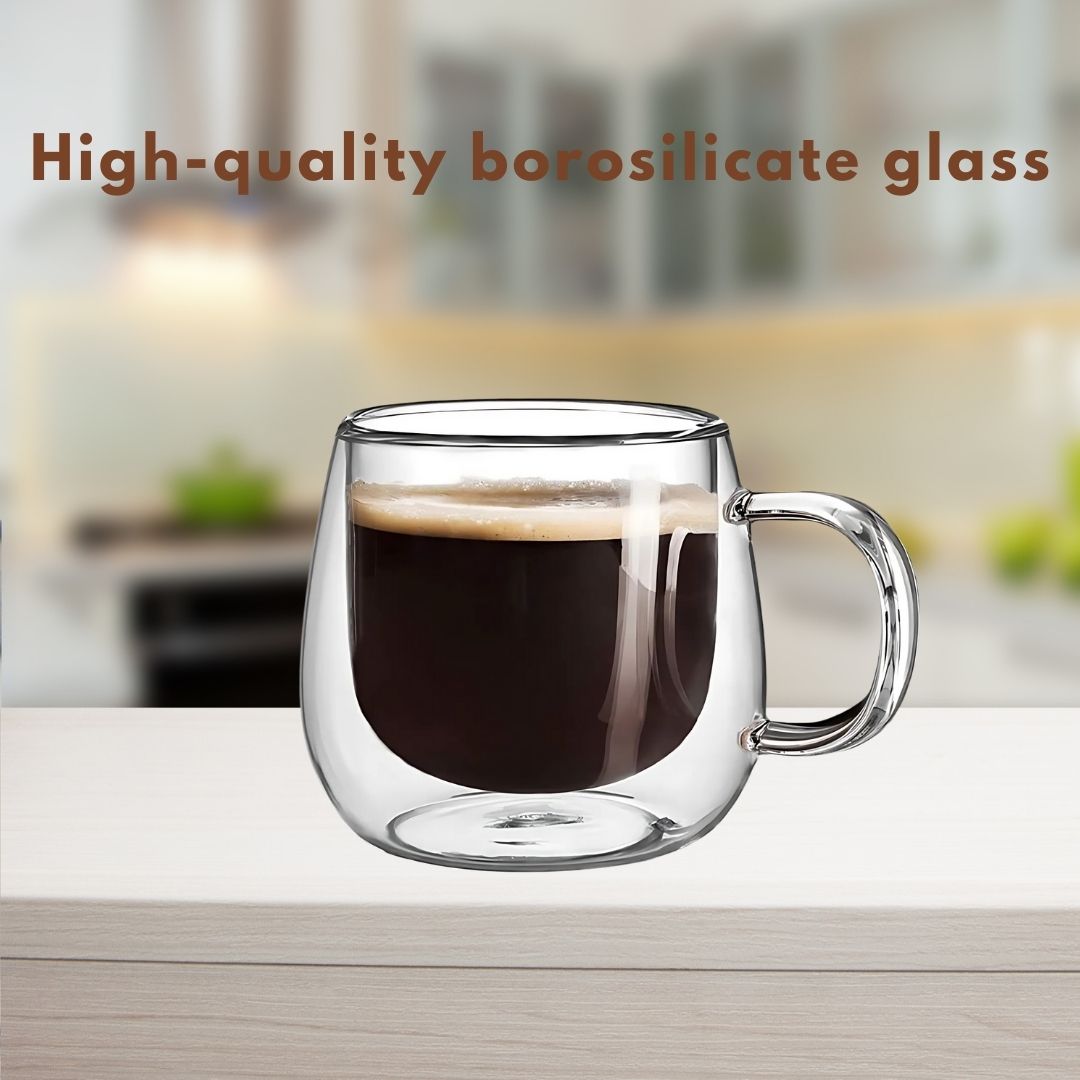 Borosilicate Double-Wall Coffee Mugs Set of 4 - 300ml, Dishwasher Safe