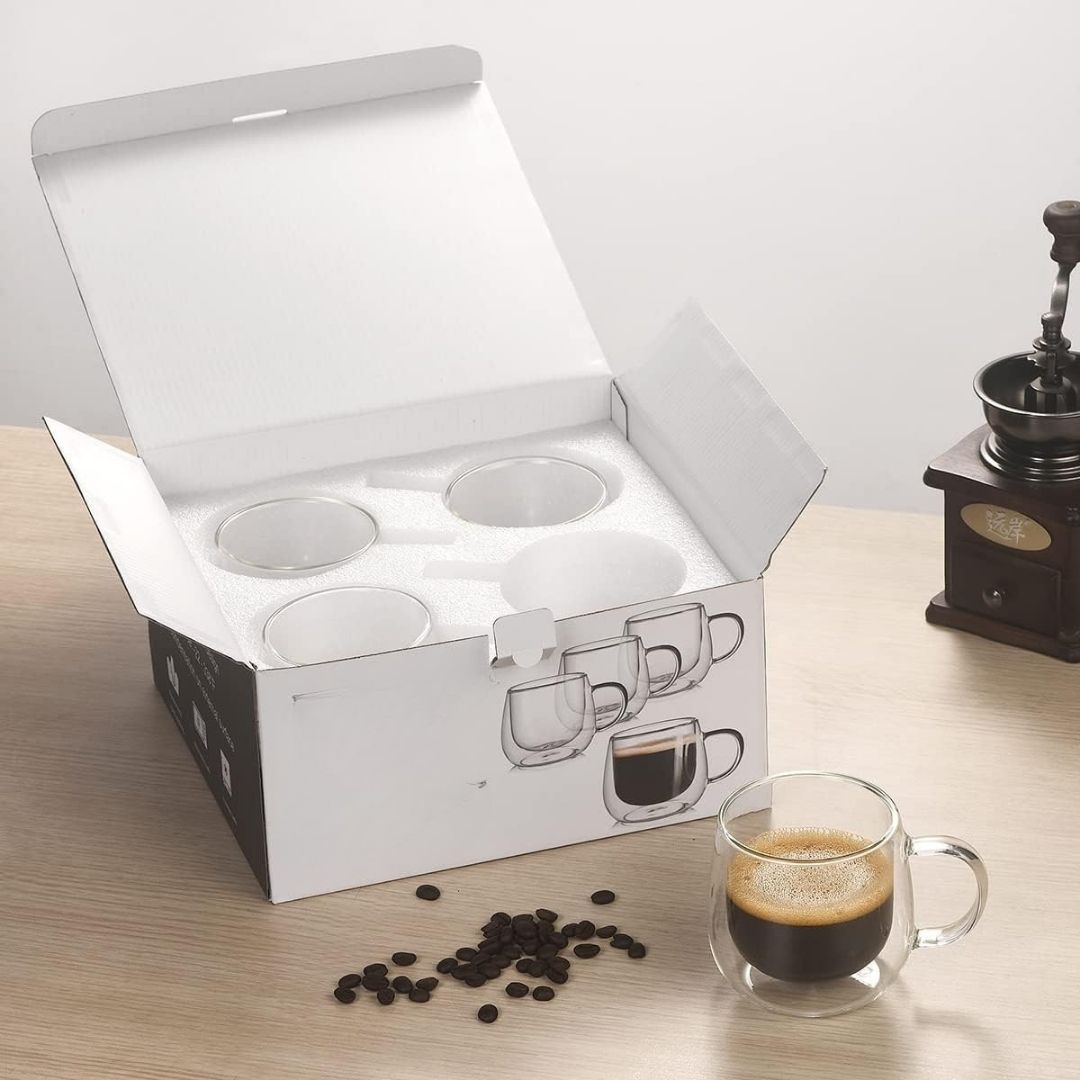 Borosilicate Double-Wall Coffee Mugs Set of 4 - 300ml, Dishwasher Safe