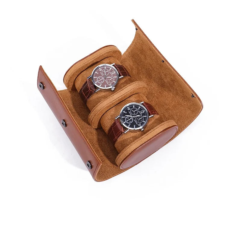 Cushioned Travel Organizer for Watches – 3-Slot Leather Roll in Brown and Black