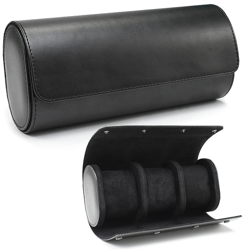 Cushioned Travel Organizer for Watches – 3-Slot Leather Roll in Brown and Black