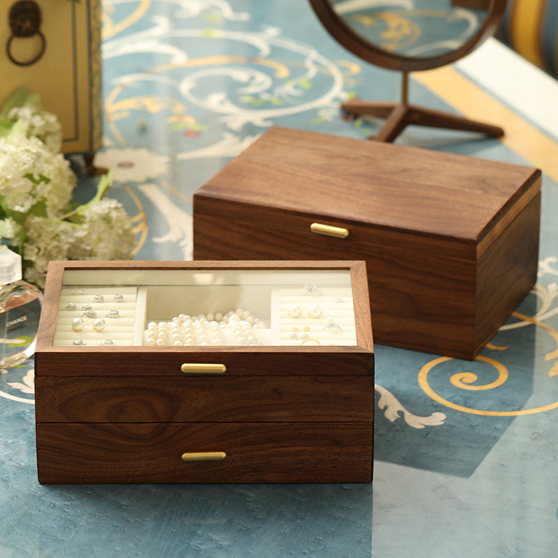 Jewelry Box in Walnut Finish – Two-Tier Storage with Soft Velvet Interior