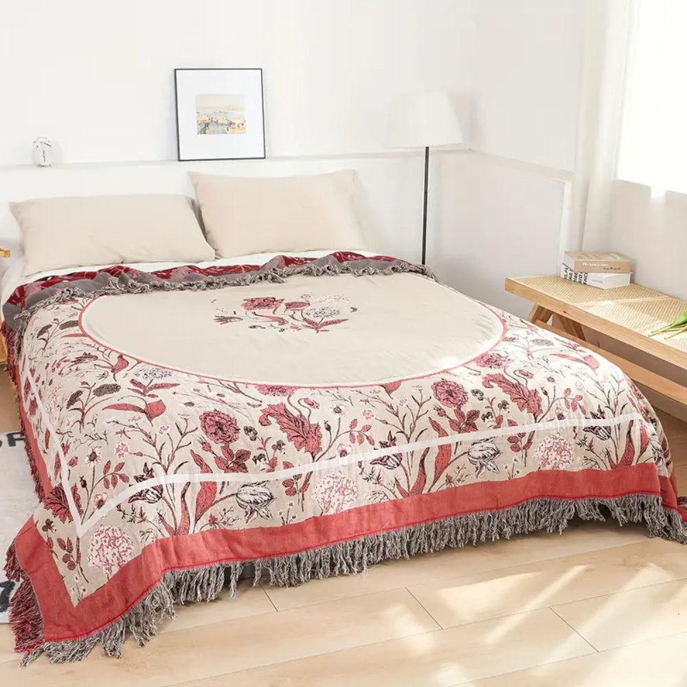 Floral Cotton Throw Blanket with Jacquard Details – Lightweight for All Seasons
