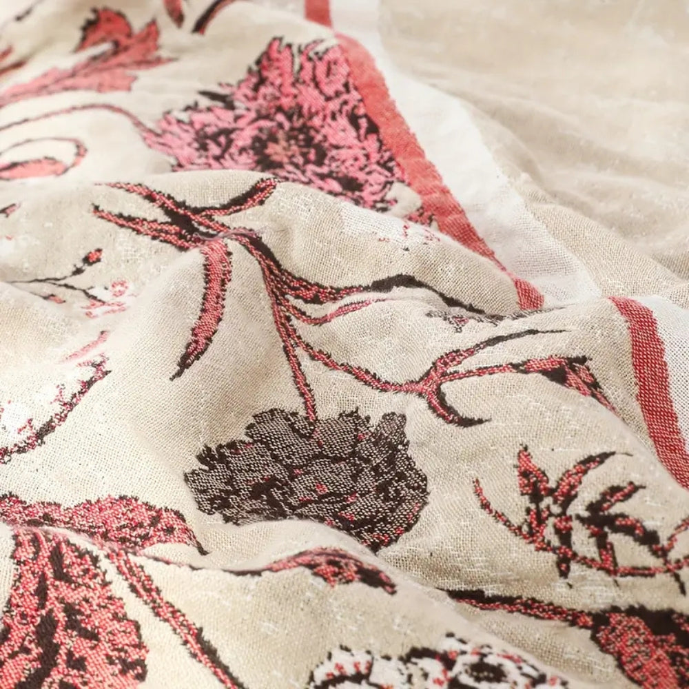 Floral Cotton Throw Blanket with Jacquard Details – Lightweight for All Seasons