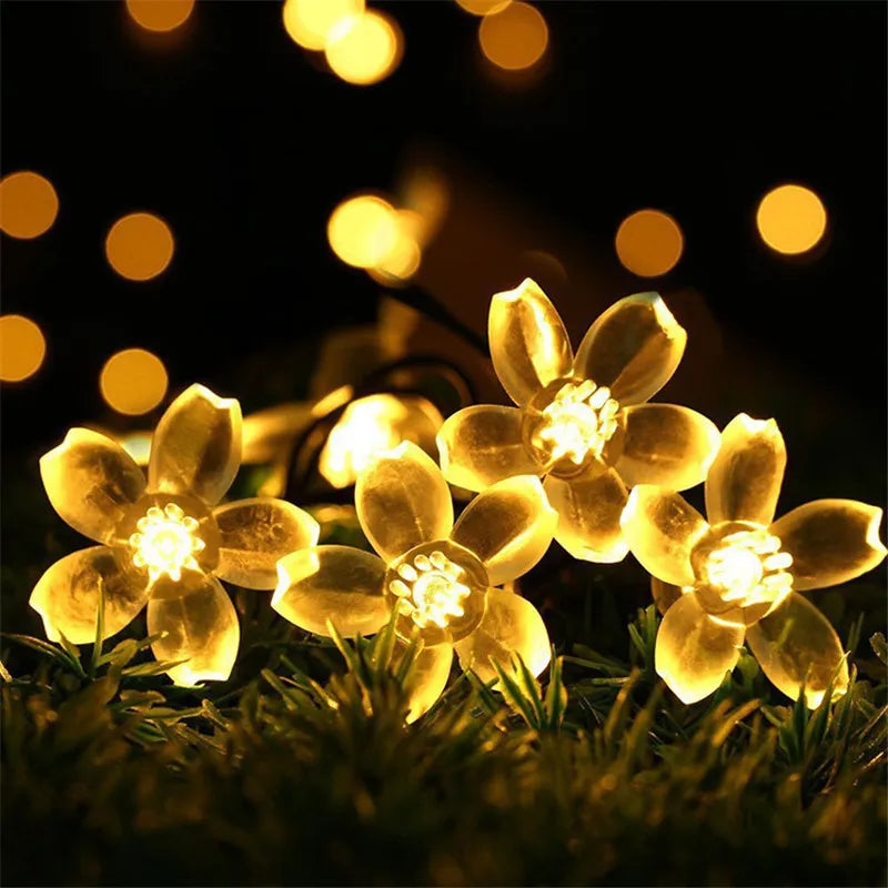 Solar Powered Multi-Color Floral Garden LED Strip Lights 7m 50 LEDs Waterproof IP65 Cherry Chrysanthemum Lotus Rose Energy Efficient Outdoor