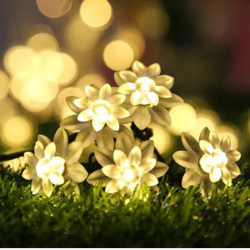 Solar Powered Multi-Color Floral Garden LED Strip Lights 7m 50 LEDs Waterproof IP65 Cherry Chrysanthemum Lotus Rose Energy Efficient Outdoor