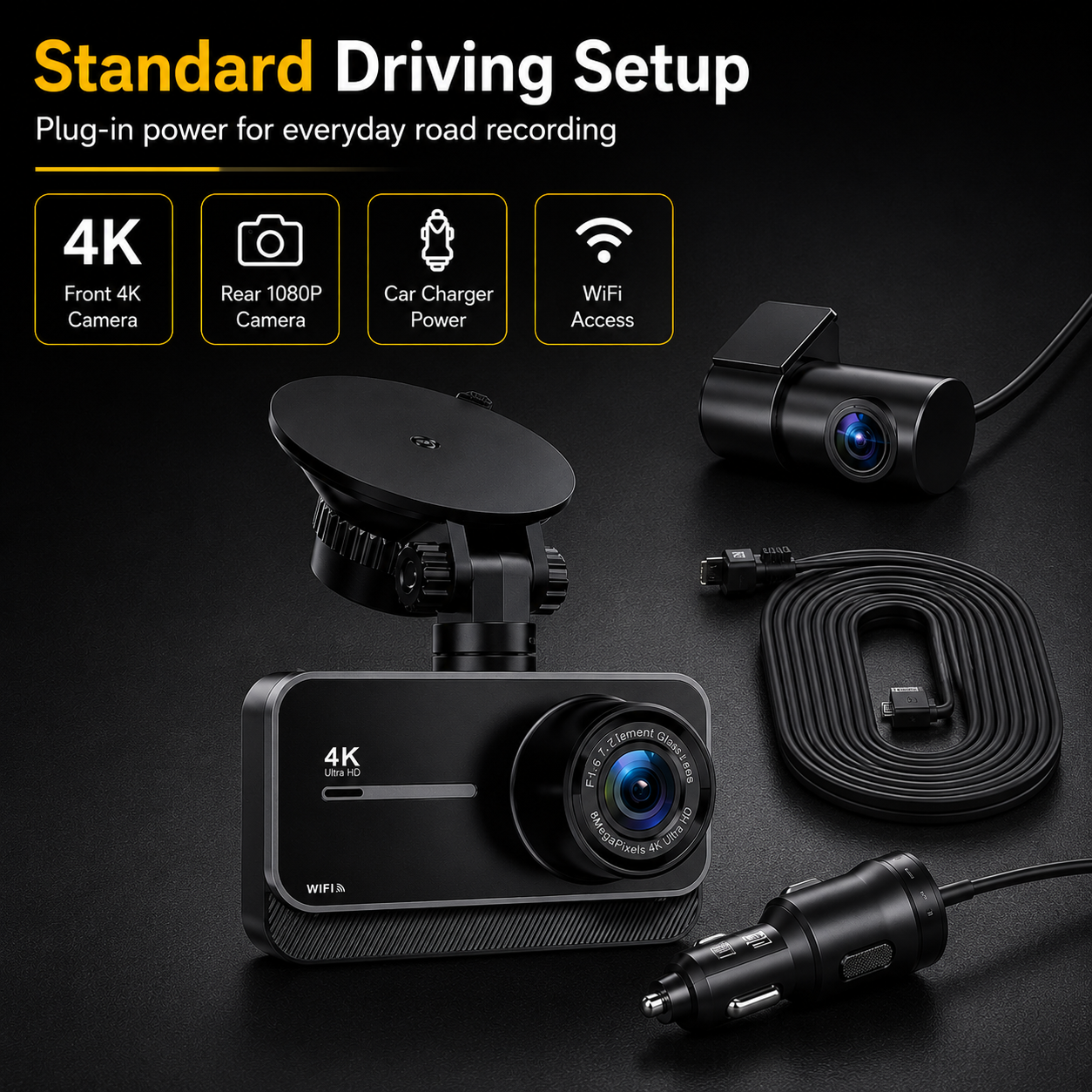 Dual 4K Dash Camera with WiFi and GPS - 170° Wide Angle, 24-Hour Parking, Night Vision, Supports Up to 256GB