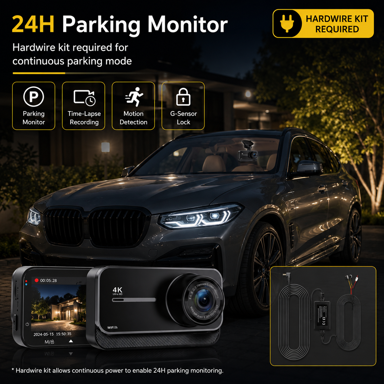 Dual 4K Dash Camera with WiFi and GPS - 170° Wide Angle, 24-Hour Parking, Night Vision, Supports Up to 256GB