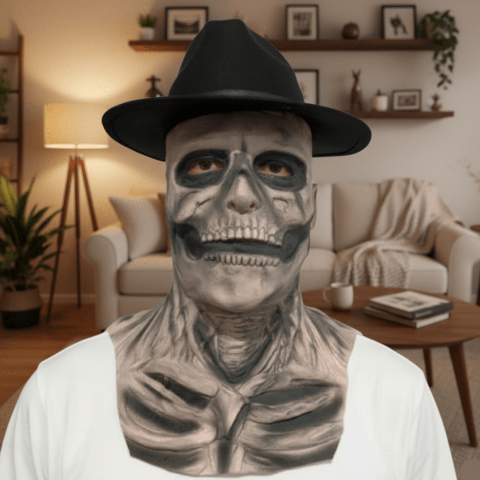 BoneChill Realistic Skull Mask with Hat for Ultimate Halloween Experience
