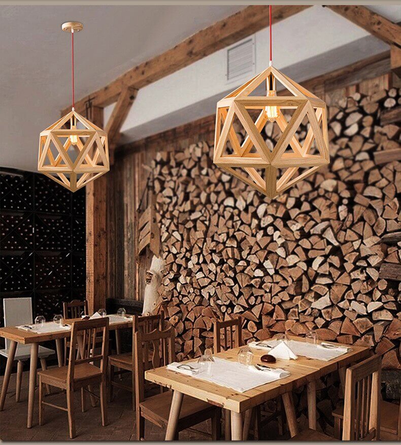 Taavita Geometric Wooden Pendant Light - Solid Wood Hanging Lamp - Living Room/Kitchen/Store Decor