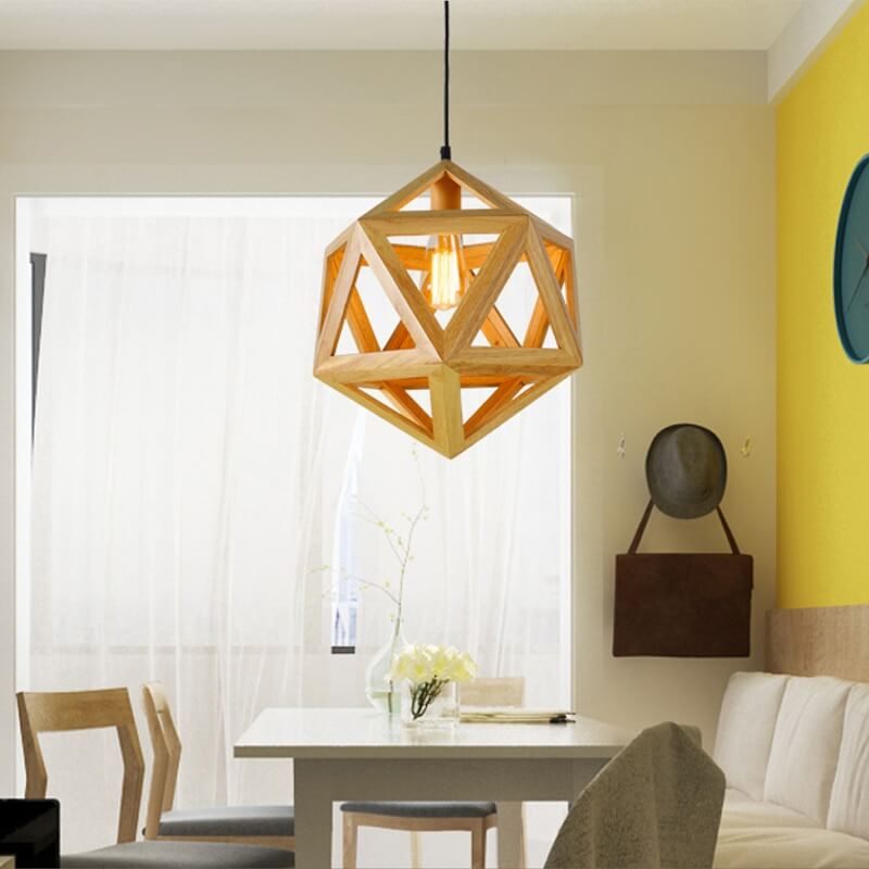 Taavita Geometric Wooden Pendant Light - Solid Wood Hanging Lamp - Living Room/Kitchen/Store Decor