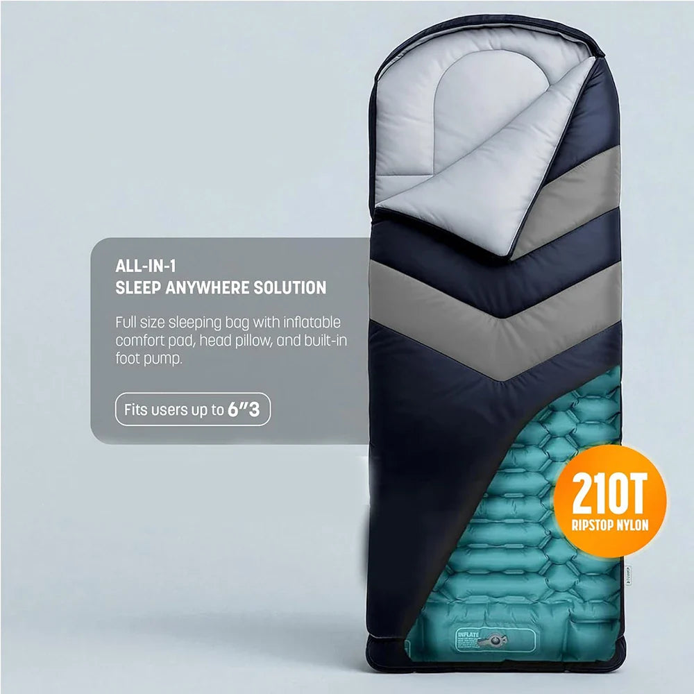 Inflatable Sleeping Bag with Built-in Pad and Pillow for Camping