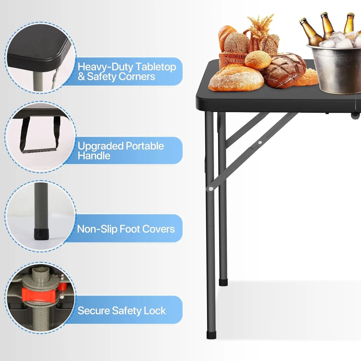 Adjustable Height 4FT Picnic Table - Portable & Sturdy for Camping, BBQs, Events